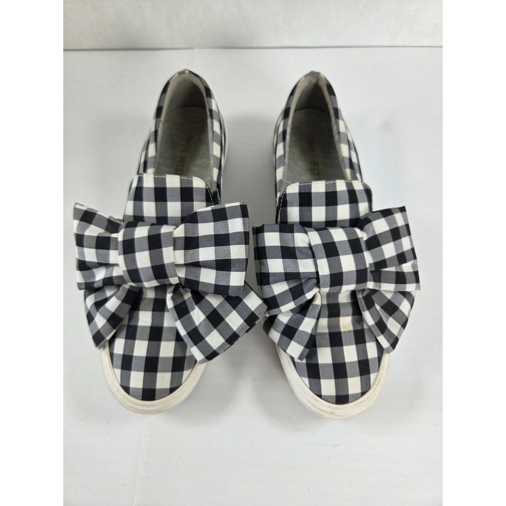 Nine West ONOSHA Gingham Bow Slip On Sneakers‎ Black White Womens 5.5 M